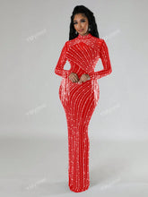1pc Sexy Rhinestone Studded Stand Collar Fitted Fishtail Dress